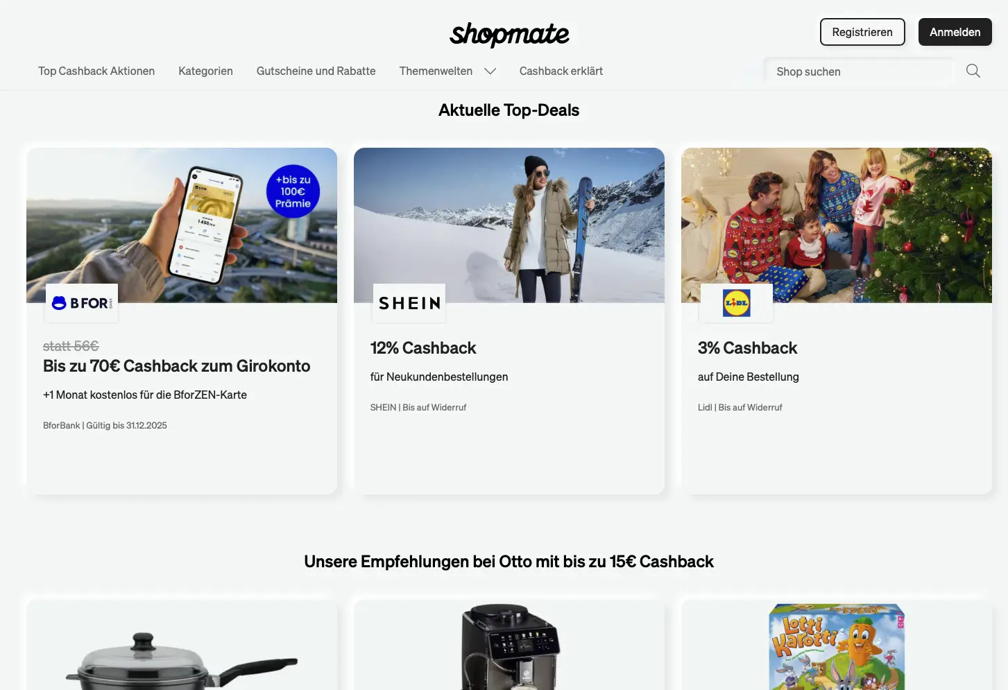 ShopMate homepage example with cashback offers