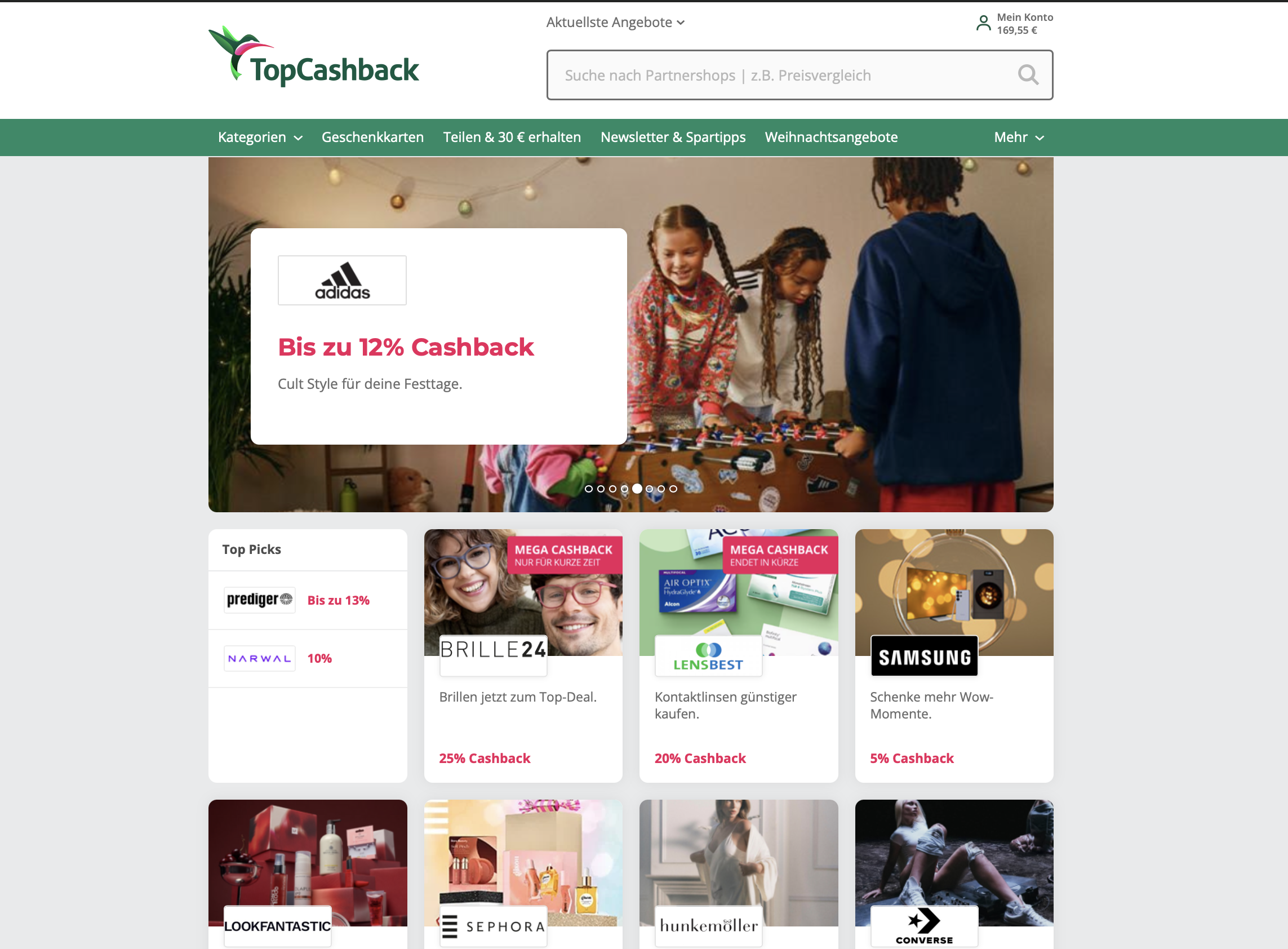 TopCashback Beispiel-Interface mit internationalen Deals