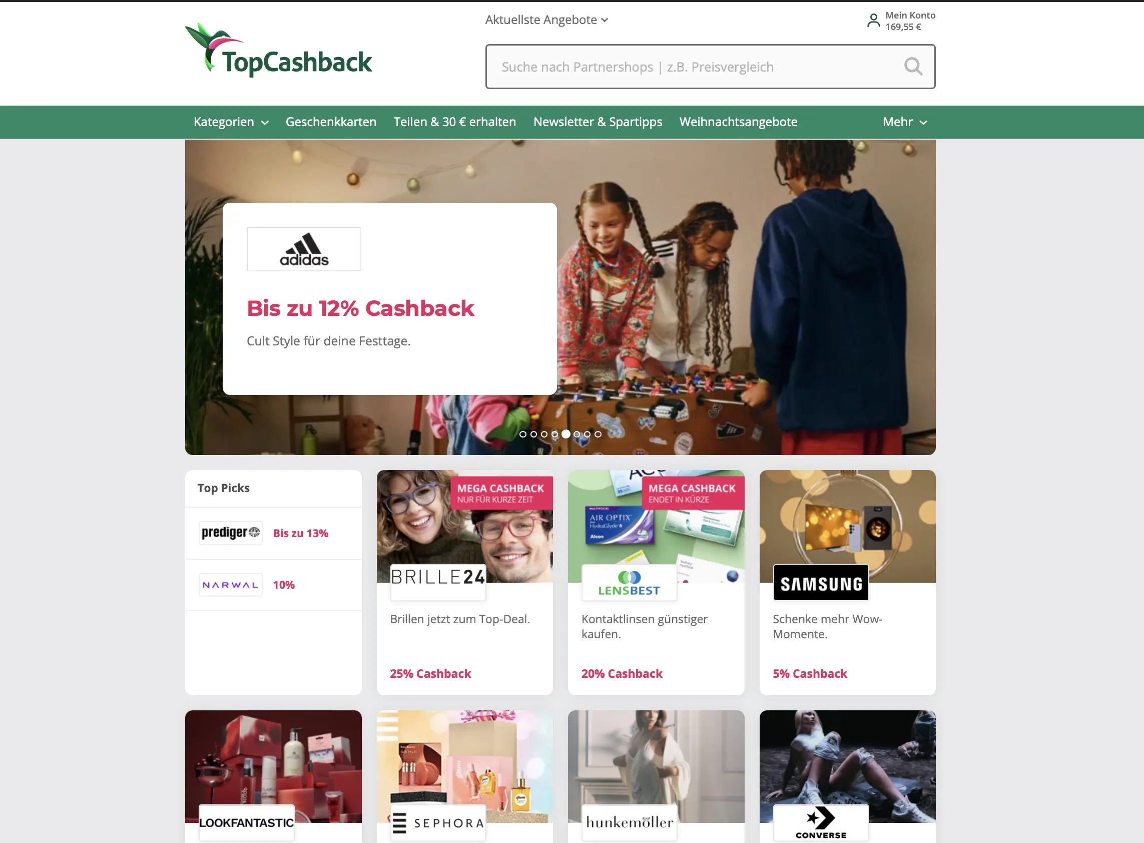 TopCashback example interface with international deals